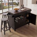 Kücheninsel HWC-P62 mit 2 Sitzhockern, Küchenschrank Schublade Staufächer MDF 90x131x47cm ~ schwarz, dunkles Holz