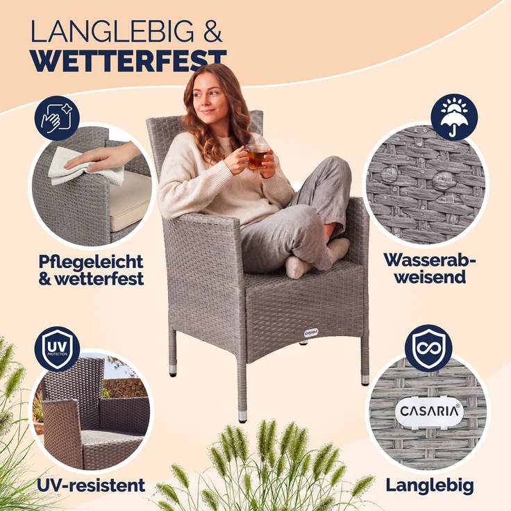 CASARIA® Gartenstühle Polyrattan 6er Set Creme – Bild 3
