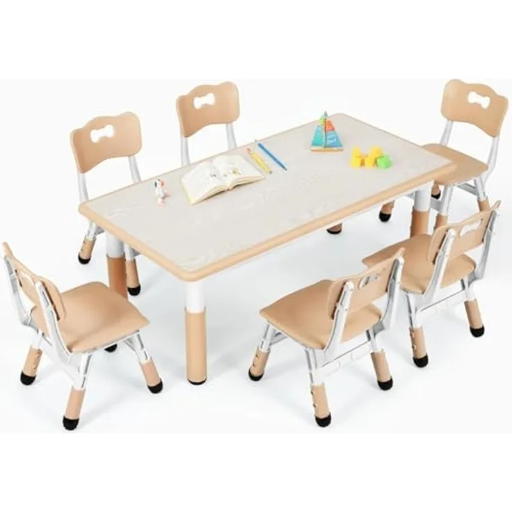 Clevich Kindertisch mit 6 Stühlen,Kinder Tisch Stuhl Set für Kindergarten und Kinderzimmer,Kindertischgruppe Höhenverstellbar,Plastik Kindermöbel,Sitzgruppe für Jungen Mädchen,Gelb