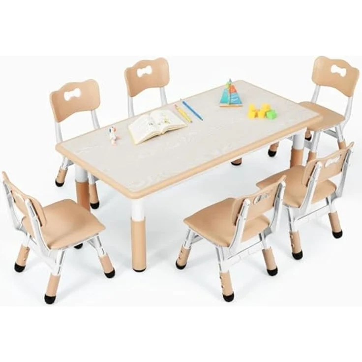 Clevich Kindertisch mit 6 Stühlen,Kinder Tisch Stuhl Set für Kindergarten und Kinderzimmer,Kindertischgruppe Höhenverstellbar,Plastik Kindermöbel,Sitzgruppe für Jungen Mädchen,Gelb – Bild 1