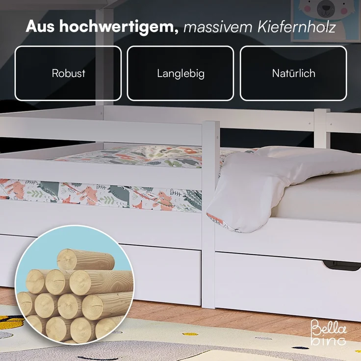 Bellabino 'Abia' Hausbett 90x200 cm mit 2 Schubladen, weiß, Kiefer Massivholz, Montessori Kinderbett mit Stauraum, inkl. Rausfallschutz und Lattenrost – Bild 6