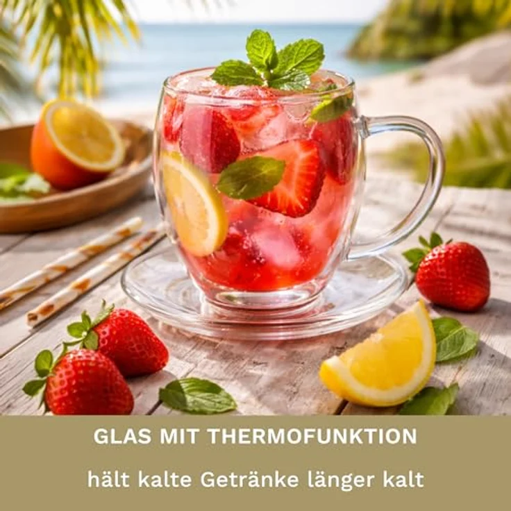 Creano Teeglas Creano 2er-Set Thermotasse, Extra Große doppelwandige Gläser mit Unter, Borosilikatglas, 2 Tassen mit Untertassen – Bild 6