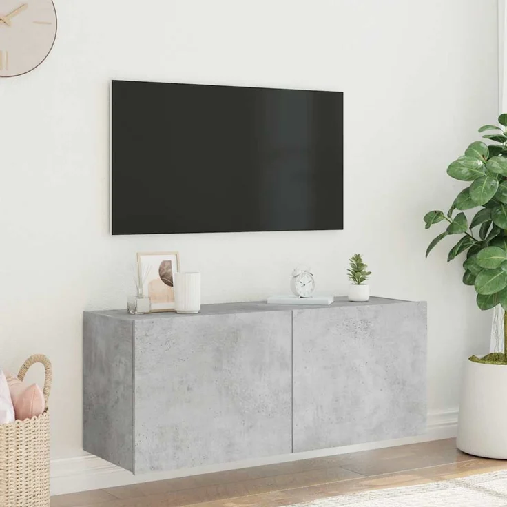 TV-Wandschrank, Fernsehschrank mit LED-Leuchten Betongrau 100x35x41 cm – Bild 5