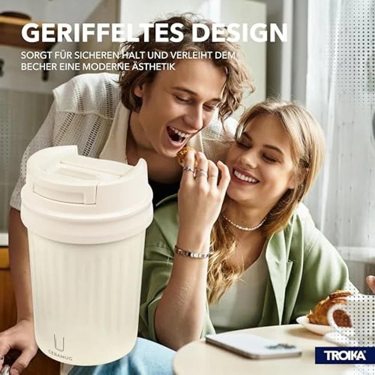 TROIKA Thermobecher CERAMUG, Kaffeebecher to Go aus Edelstahl mit Keramikbeschichtung, 6h heiß 12h kalt, auslaufsicherer Deckel mit Schiebeverschluss – 300ml – Bild 5