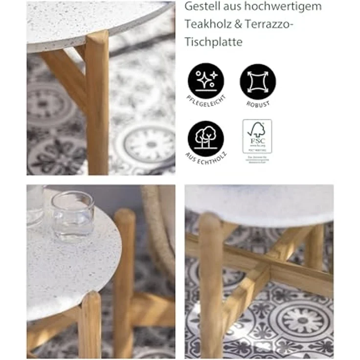 Dehner Balkonset Lounge Tisch Portofino, Ø 80 cm, Höhe 37.8 cm, aus FSC® zertifiziertem Teakholz, mit trendiger Terrazzo-Tischplatte – Bild 4