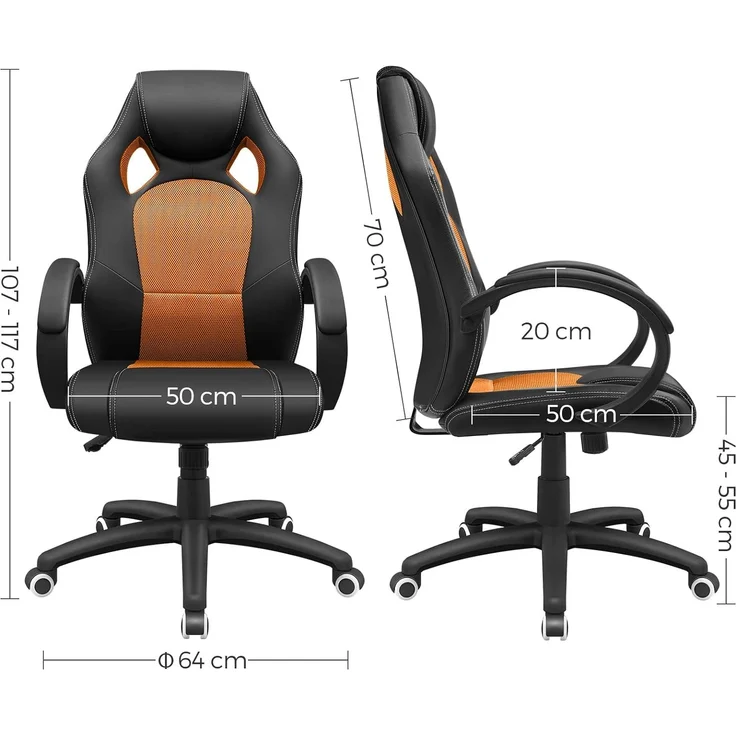 Songmics Racing Stuhl Bürostuhl Gaming Stuhl Chefsessel Drehstuhl PU, schwarz-orange, OBG56BO – Bild 3