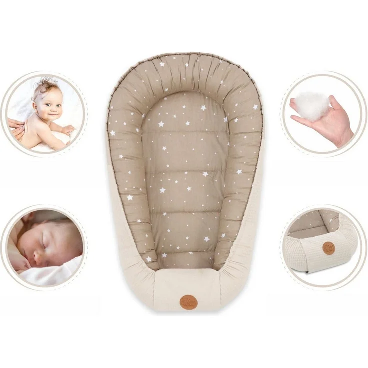 Babynest Neugeborene Nestchen Baby 90x50 cm - Kokon Handmade zweiseitig aus Baumwolle Waffel mit Babynestchen Beige mit Weiß Sternen – Bild 3