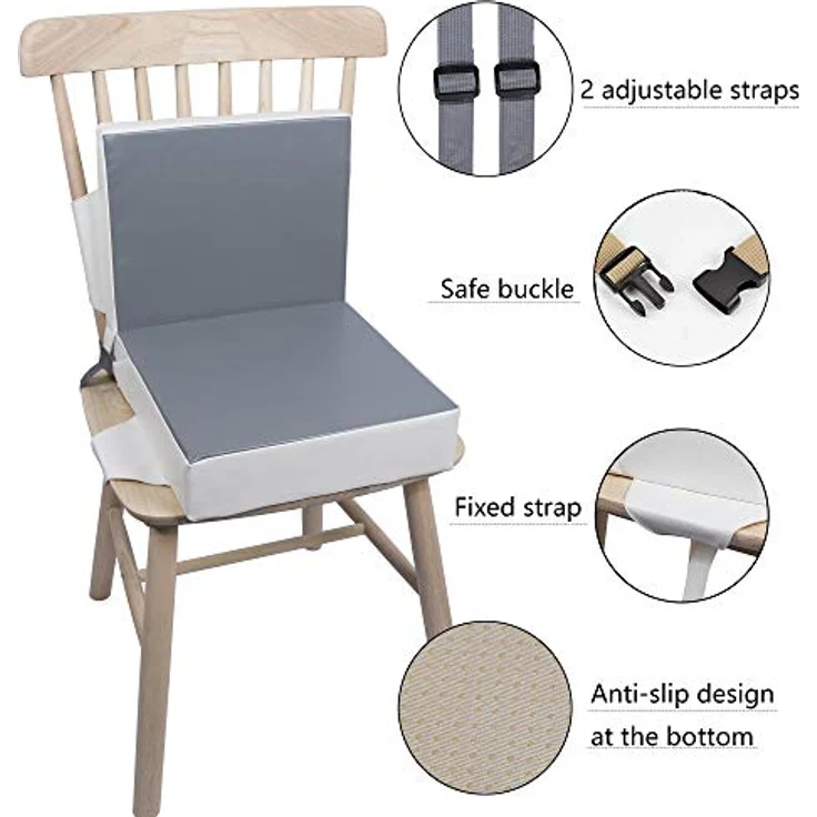 Sitzerhöhung Stuhl Kind Kalawen 2 Stücke Sitzkissen Kinder Baby PU Waschbar Tragbare Stuhl Sitzerhöhung mit Gurte Kindersitzkissen fur Kinder über Zwei Jahre, Grau – Bild 3