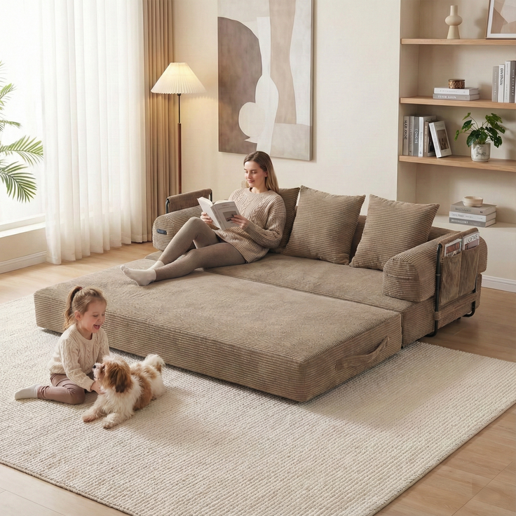 LVHOM Schlafsofa 3 Sitzer, Klappsofa mit Schlaffunktion, Bodensofa, Polstersofa aus CordStoff, Schlafcouch dauerschläfer, frei Kombination, 200x94x67 cm, Khaki
