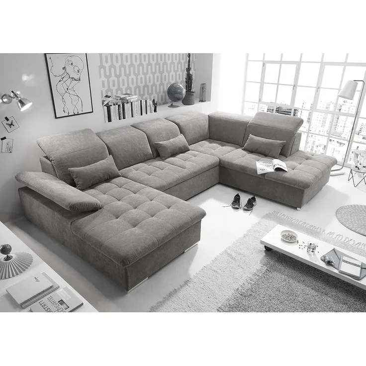 Couch WAYNE R Sofa Schlafcouch Wohnlandschaft Schlaffunktion schlamm grau U-Form rechts