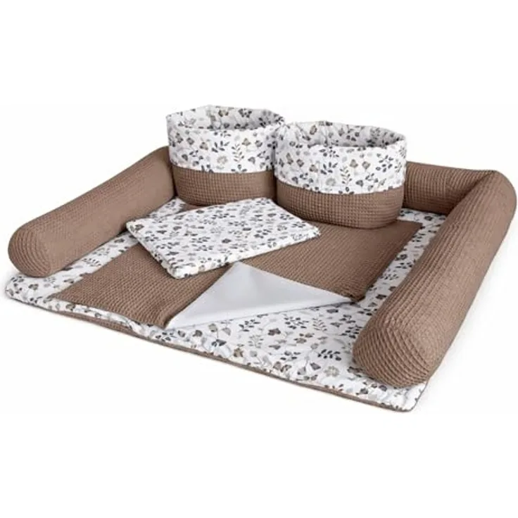 Wickelauflage Set 6-teilig – Wickelunterlage aus Baumwolle & Waffelstoff – Baby Wickelauflage – Geschenk zur Babyparty – Wickeltischauflage – 85x75 cm (Breite x Tiefe), Zweige und braun