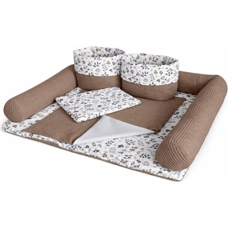 Wickelauflage Set 6-teilig – Wickelunterlage aus Baumwolle & Waffelstoff – Baby Wickelauflage – Geschenk zur Babyparty – Wickeltischauflage – 85x75 cm (Breite x Tiefe), Zweige und braun – Bild 1