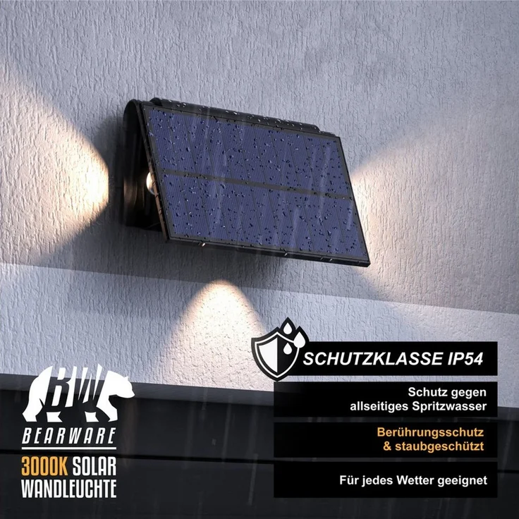 BEARWARE LED Solarleuchte Solar Wandleuchte für außen mit Akku & ohne Stromanschluss Wasserdicht, Ein-/Ausschalter, mehrere Helligkeitsstufen, LED fest verbaut, Warmweiß, 1800 mAh Akku, Solarpanel, IP54, wetterfest, für Außenmontage – Bild 4