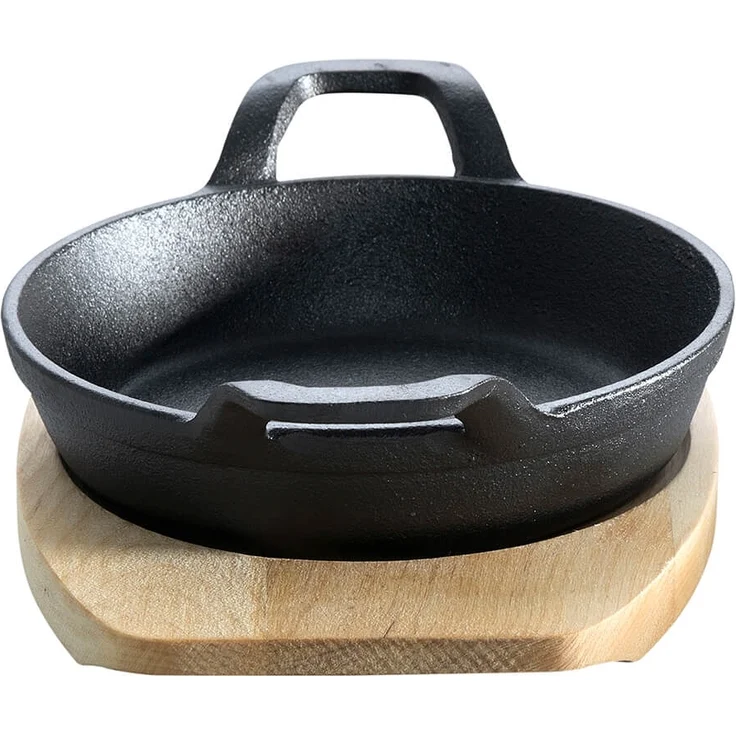 Gusseisenkuss® Pfanne mit Holzuntersetzer, Gusseisen schwarz, Ø 18 cm, Rund mit Griffen – Bild 5