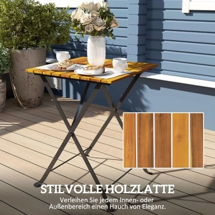 Outsunny Balkonset Esstisch mit 2 klappbare Stühle, Bistroset mit Stahlgestell, (Sitzgruppe, 3-tlg, Essgruppe), für Terrasse, Balkon Teak – Bild 5