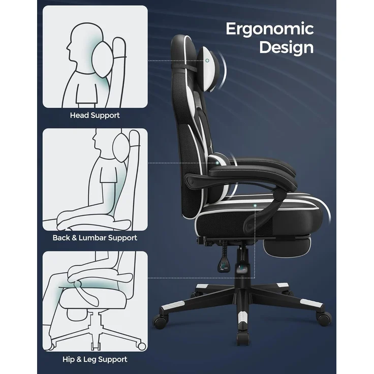 Songmics Bürostuhl, ausziehbare Fußstütze, Kopfkissen, Lendenkissen, höhenverstellbar, ergonomisch, neigbare Rückenlehne, bis 150 kg belastbar, tintenschwarz-wolkenweiß – Bild 9