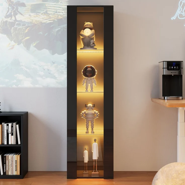 ZUBALIYA Vitrine, mit LED-Beleuchtung, mit App-Steuerung, mit Glasböden, wandmontierbar, H 170 × T 40 × B 29 cm, Schwarz, Spanplatte – Bild 8