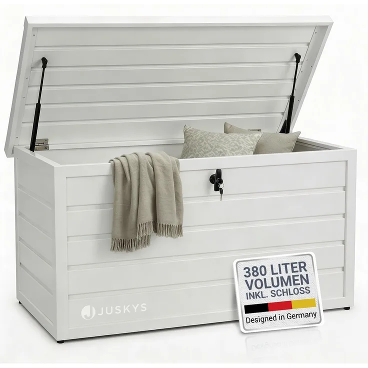 Juskys Metall Aufbewahrungsbox Limani 380 Liter - Outdoor Box - wasserdicht, abschließbar - Gartenbox, Auflagenbox, Kissenbox für Garten Weiß