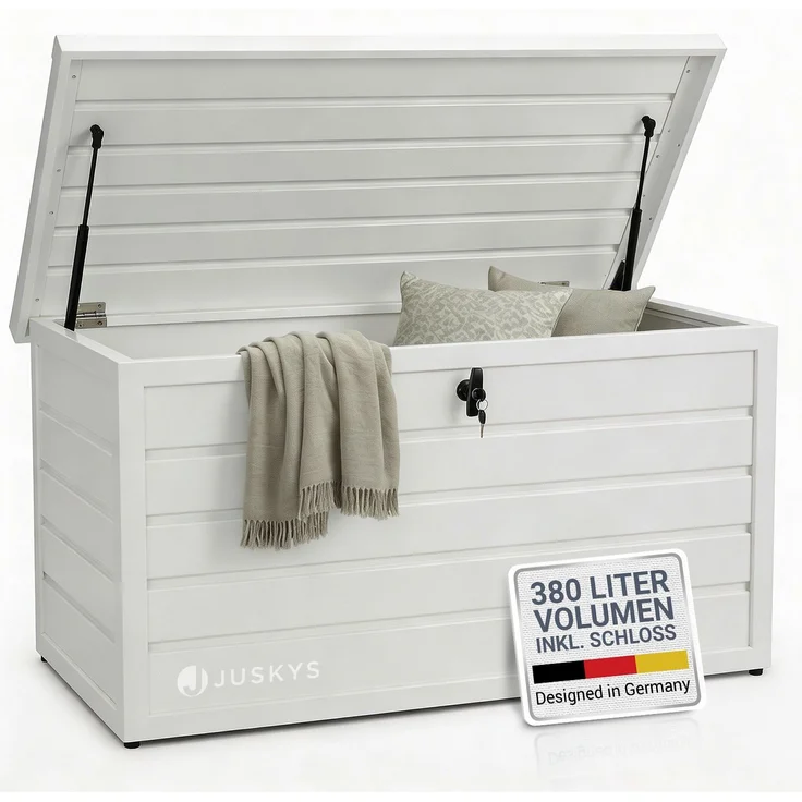 Juskys Metall Aufbewahrungsbox Limani 380 Liter - Outdoor Box - wasserdicht, abschließbar - Gartenbox, Auflagenbox, Kissenbox für Garten Weiß – Bild 1