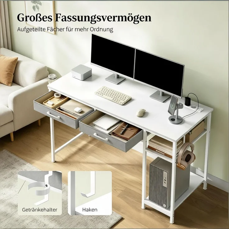 Moderner Computer Schreibtisch,Spieltisch mit Stoffschubladen,Studientisch,Umkleidetisch(nur mit Computer Schreibtisch)--Weiß--120x51x75cm--YOUDENOVA – Bild 6