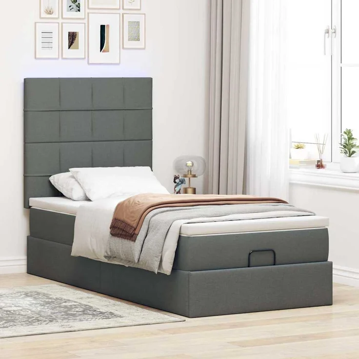 vidaXL Ottoman-Bett mit Matratze & LEDs Dunkelgrau 100x200 cm Stoff 3313983 – Bild 4