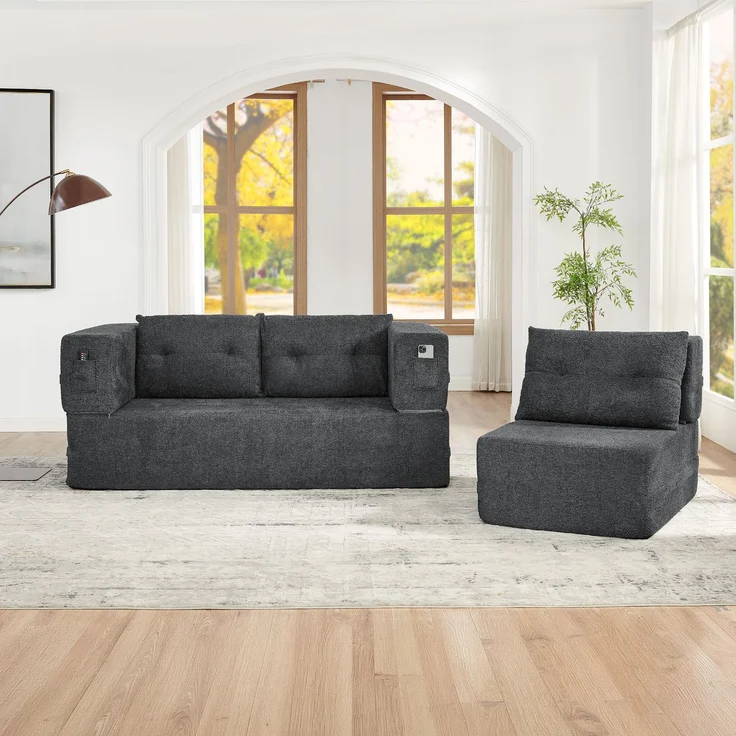 ZUBALIYA SchlafSofa mit breiten Armlehnen, modular aufgebaut, ohne aufwendige Montage, für Wohnzimmer und Apartments, Dunkelgrau – Bild 5