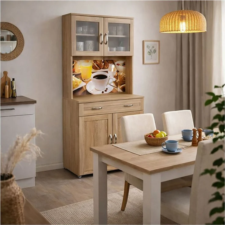 HTI-Living Hochschrank Küchenbuffet mit Glasteil Sonoma Blanca Bistro (Stück, 1-St, 1 Schrank) Küchenschrank Hochschrank – Bild 2