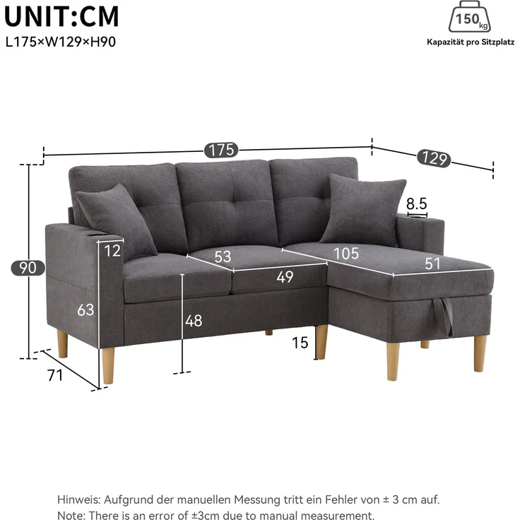 Merax L-förmiges modernes Sofa, 3-Sitzer-Sofa mit Chaiselongue, Stauraum, integriertem Getränkehalter, wird mit 2 Kissen geliefert, Dunkelgrau – Bild 4