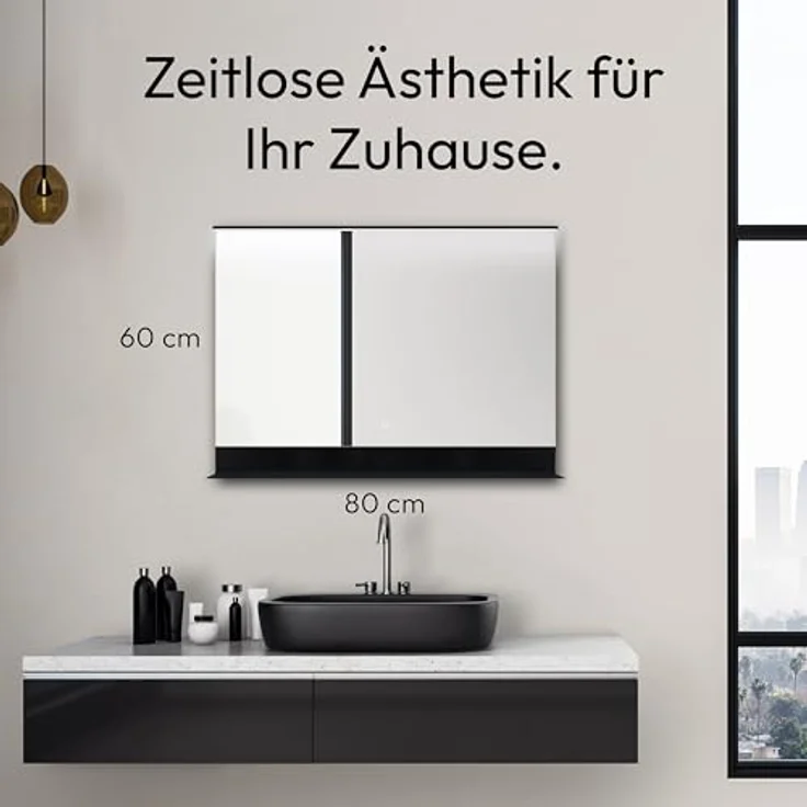 Talos Badspiegel Black Home, 80 x 60 cm mit energiesparender LED Beleuchtung, spritzwassergeschützt IP44 und praktischer Ablage – Bild 5