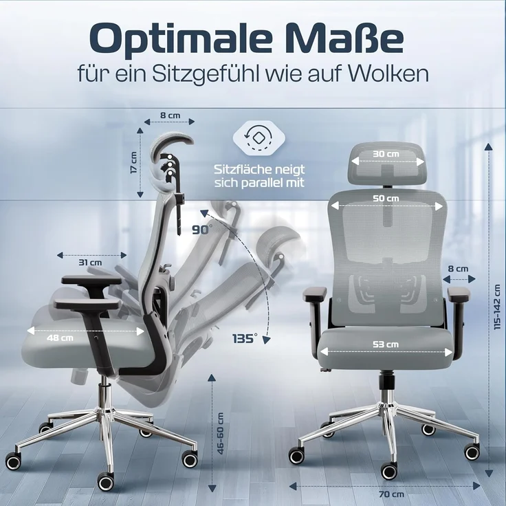 CLOUVOU BrightSeat Bürostuhl Ergonomisch [TESTSIEGER] Schreibtischstuhl 100% individuell einstellbar | Büro Stuhl & Gaming Stuhl | Computerstuhl Home Office Chair Ergonomic | Drehstuhl 150 kg – Bild 2