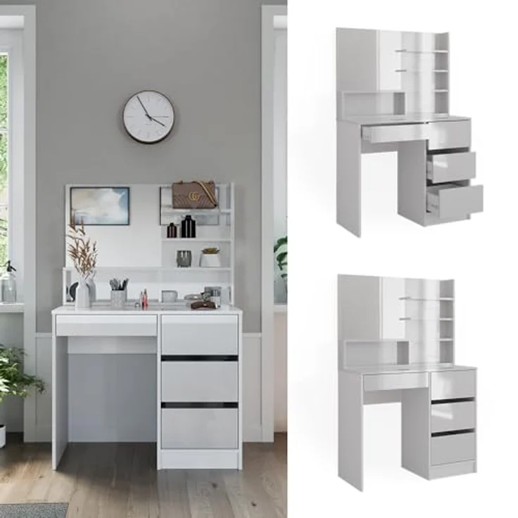 Vicco Schminktisch Sherry, Weiß Hochglanz, mit Spiegelregal, 4 Schubladen, 9 Fächer, 90x75x40 cm – Bild 2