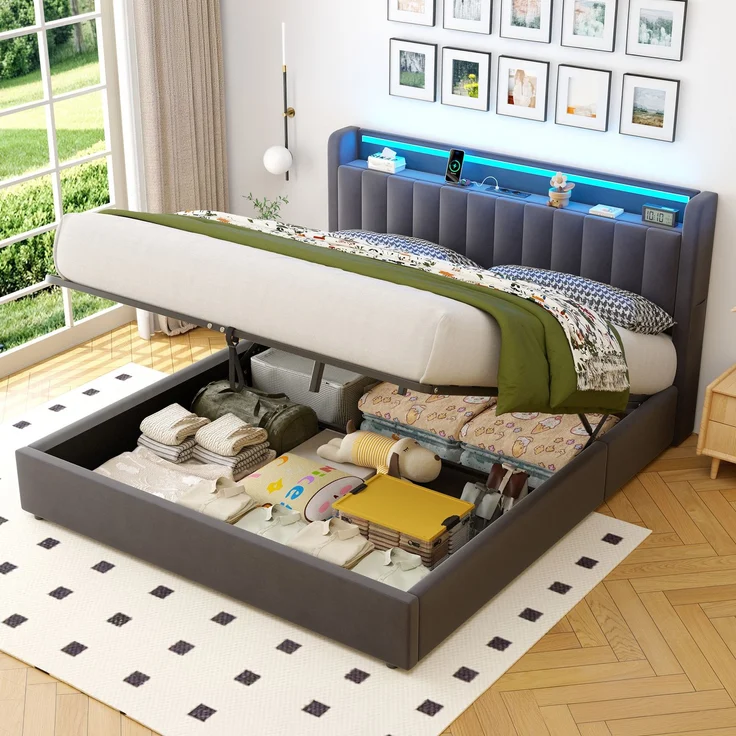 Polsterbett 180 x 200 cm aus Samt mit integriertem Stauraum, USB-Anschluss und LED-Beleuchtung, Dunkelgrau – Bild 10