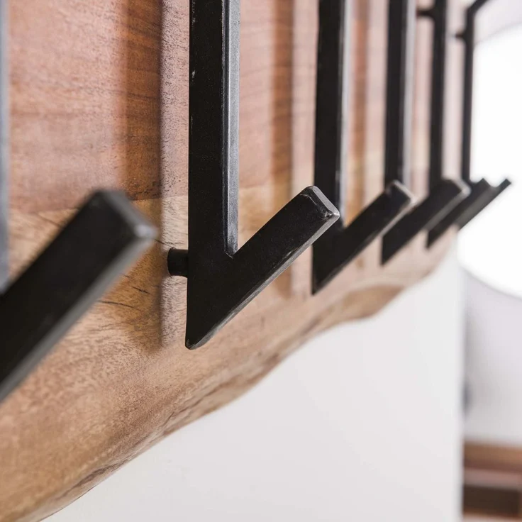 Garderobe aus massivem Akazienholz, modern mit Baumkante, 6 Haken, Natur, Wandmontage – Bild 10