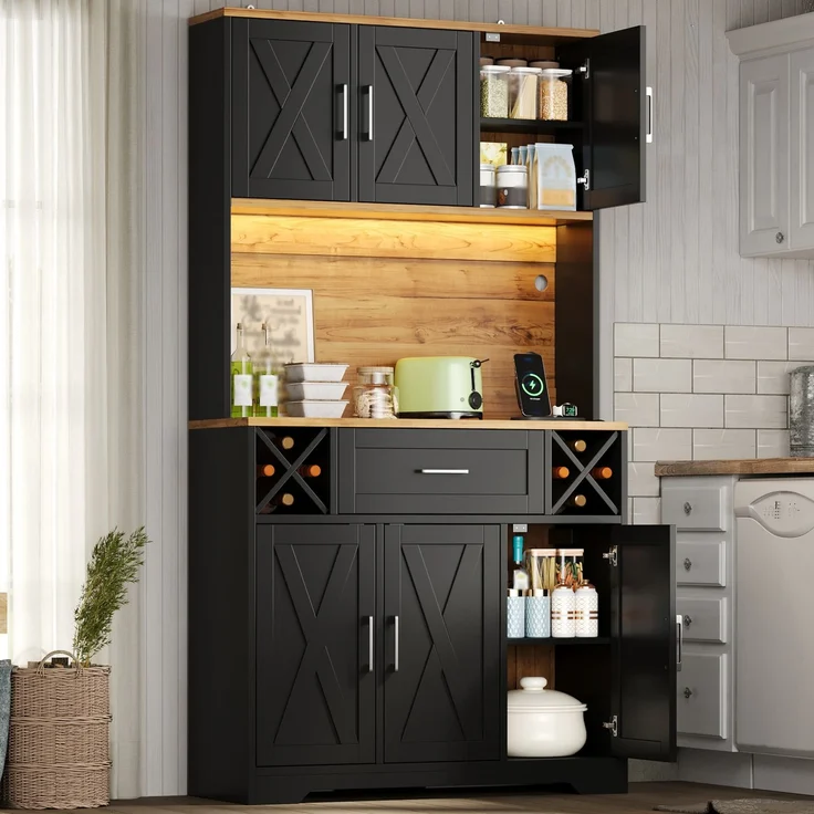 Küchenschrank, hoher Stauraumschrank mit LED-Beleuchtung, Vorratsschrank mit Weinregalen, Weinschrank & Vitrinenschrank für Wohnzimmer und Esszimmer, 180 × 105 × 40 cm--Natur1 + Schwarz--105x40x180cm--YOUDENOVA – Bild 7