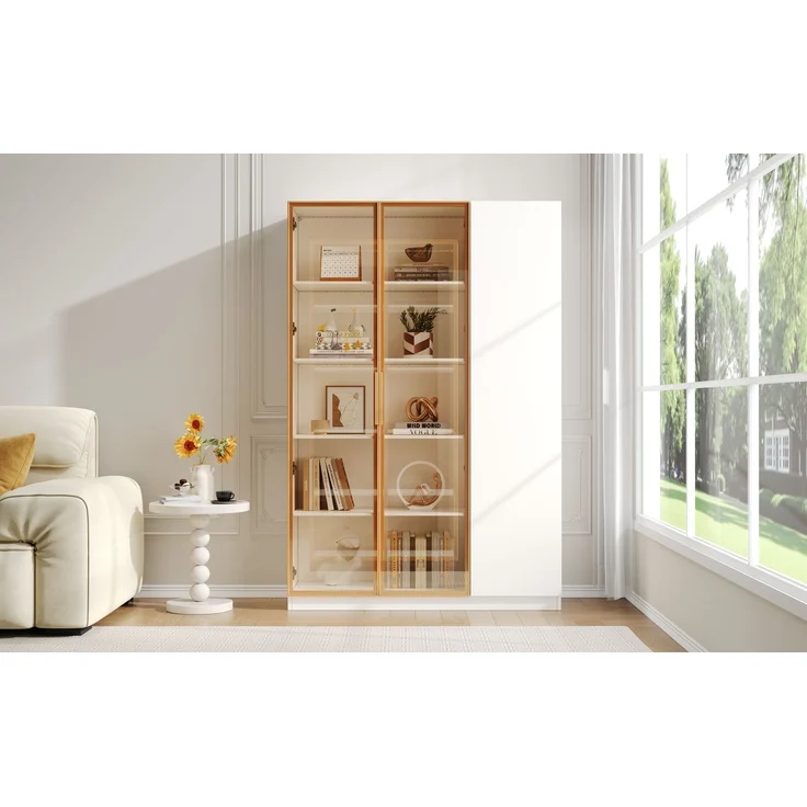 ZUBALIYA Glasvitrine, Höhe 165cm–dreitürige Vitrine mit LED-Beleuchtung, mehrfarbig einstellbar, freistehende Vitrine mit Sicherheitsglas, verstellbaren Einlegeböden und Kippschutz, weiß-Vitrine,Weinschrank – Bild 16