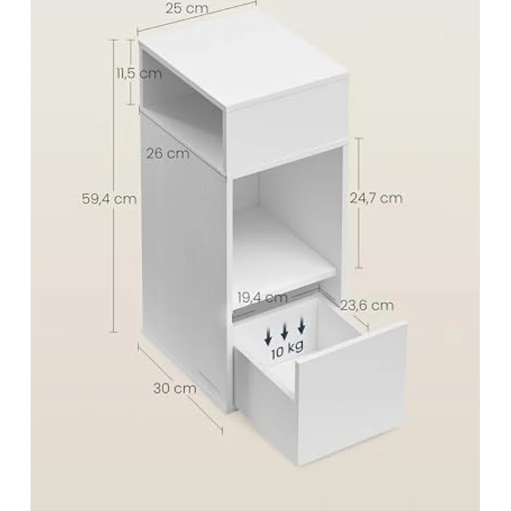 SONGMICS HOME Nachttisch, Toolless-Technologie, superschnelle werkzeuglose Montage, Nachtschrank, 2 offene Fächer, 1 Schublade, Beistelltisch, 30 x 25 x 59,4 cm, schneeweiß LET911WE01 – Bild 3
