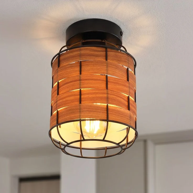 Deckenleuchte, Käfig-Design, Holzoptik, schwarz matt, braun – Bild 2