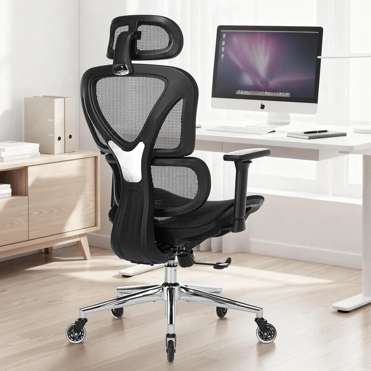 COLAMY Ergonomischer Bürostuhl – Schreibtischstuhl mit Sattel-Sitzpolster für optimale Druckentlastung, atmungsaktiv, 3D-Armlehnen, Kopfstütze, Büro/Homeoffice/Studium, Schwarz – Bild 10