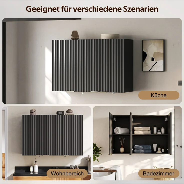 Küchen-Wandschrank 90 x 29 x 60 cm in Schwarz mit 3 Türen und strukturierten Fronten – Bild 9
