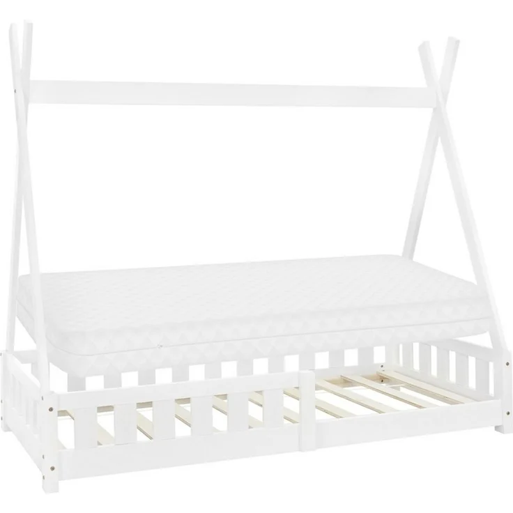 ML-DESIGN Spielbett Hausbett Tipi Zeltbett inkl. Lattenrost Bodenbett Kinder Himmelbett, Abenteuerbett mit Rausfallschutz Zelt Bett Kiefer Weiß Kinderhaus – Bild 2
