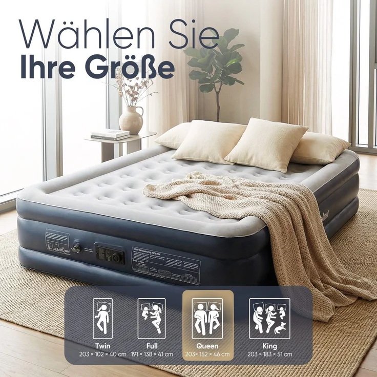 Sekey Luftbett mit integrierter Luftpumpe, Luftmatratze selbstaufblasend 2 Personen, 203 x 152 x 46 cm, blau / grau – Bild 4