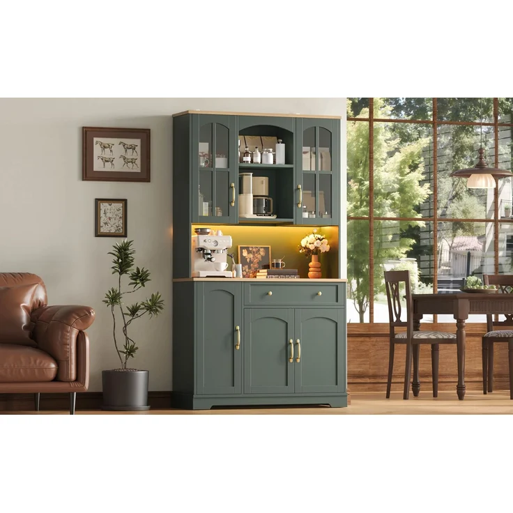 Küchenhochschrank 100 x 38 x 176 cm aus MDF in Graugrün mit Glastüren und LED-Beleuchtung – Bild 2