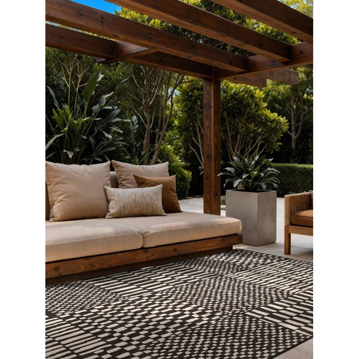 Ted Baker Flachgewebe Teppich Barkham - Wendeteppich Outdoor geeignet, Pflegeleichter Wohnzimmerteppich, Modern, Kariert Muster für Wohnzimmer, Terrasse, Esszimmer, Balkon - Schwarz Weiß, 160x230 cm