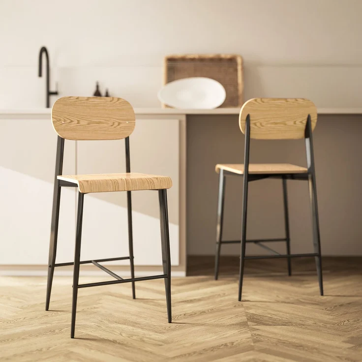 MELAYR, 2er-Set Barhocker, Barstühle mit Rückenlehne und Metallgestell, Holz, Hellbraun, 55 x 43 x 103 cm, Naturholz – Bild 3