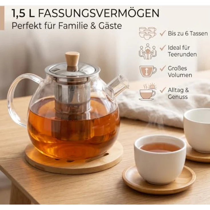 hausleben Teekanne Glas mit Edelstahl-Sieb Untertelle 1,5 Liter, (1-St), Bambus Unterteller Tropffrei, Hitzebeständig, Spülmaschinenfest – Bild 6