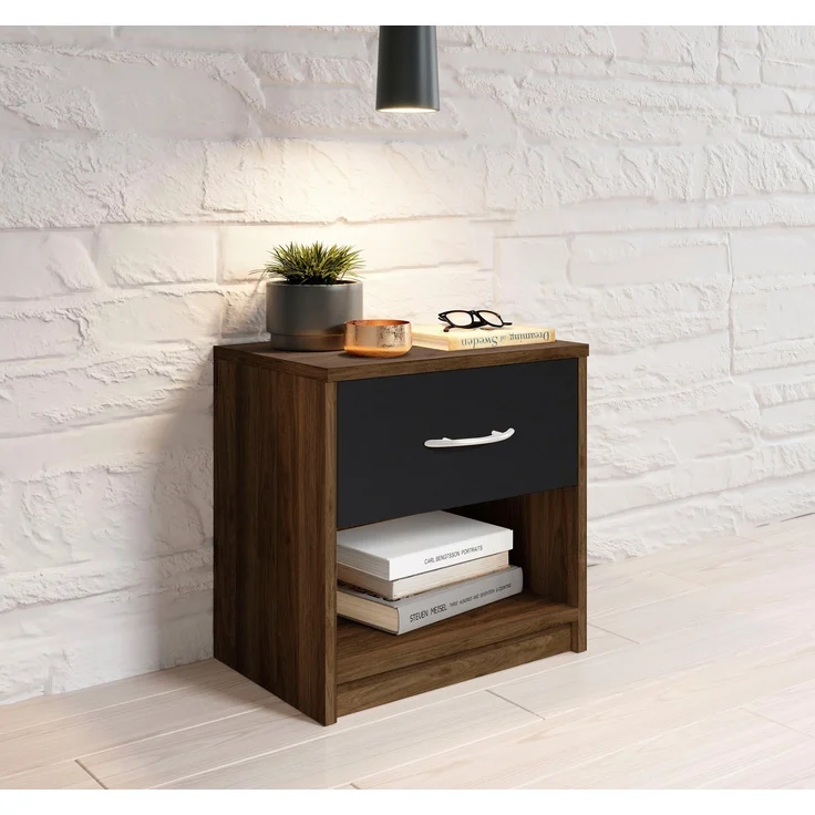 Stella Trading PEPE Nachttisch in Columbia Nussbaum Optik, Schwarz - Schlichter Nachtschrank mit einer Schublade passend zu jedem Bett & Schlafzimmer - 39 x 41 x 28 cm (B/H/T) – Bild 1