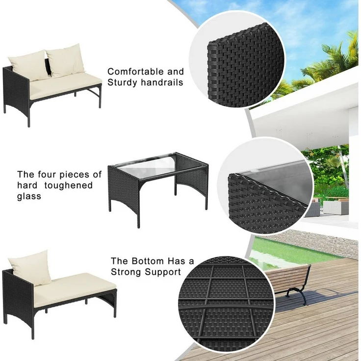 BIGZZIA Gartenlounge-Set Outdoor Gartenmöbel-Set Polyrattan, mit 1 Couchtisch, 2 gepolsterten Kissen, 3 Kissen – Bild 2