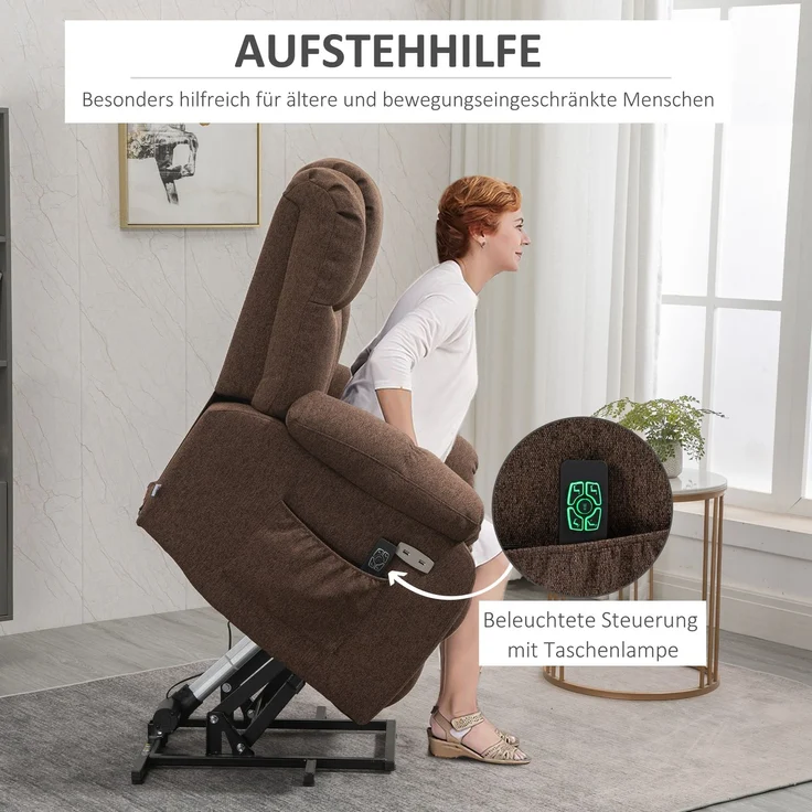 HOMCOM Fernsehsessel mit Aufstehhilfe, Polyester, Stahl, Braun, 92L x 95B x 107H cm – Bild 5