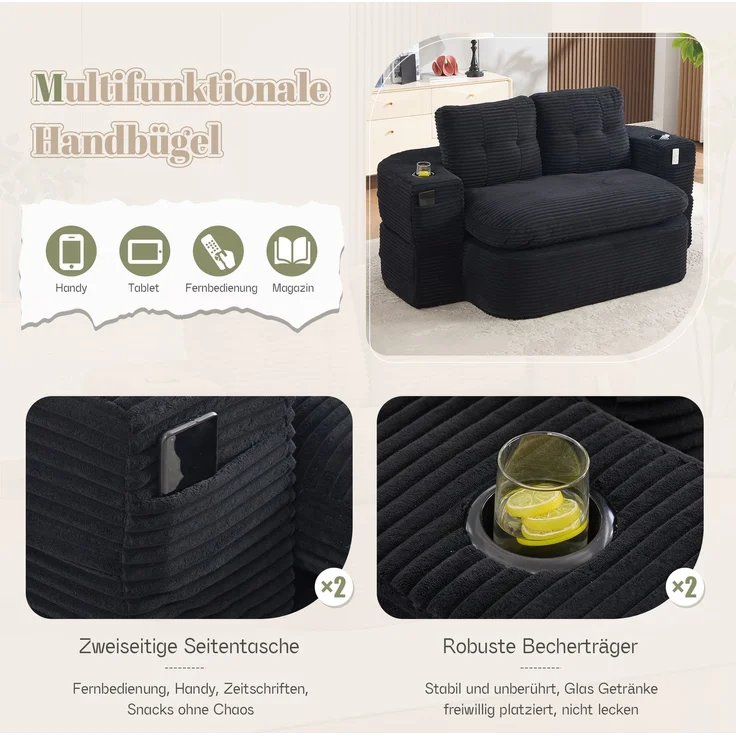 EINHOM Schlafsessel 2-in-1 aus Cord, Schlafsofa mit Liegefunktion, Komprimiertes Bodensofa mit Verstellbaren Armlehnen, 2 Getränkehaltern, Hoher Rückenlehne und Extra Tiefer Sitzfläche, Schwarz – Bild 5