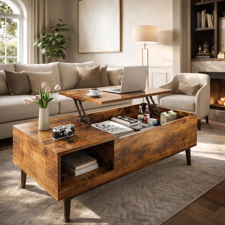 DUMOS Couchtisch Höhenverstellbar, Qualität Wohnzimmertisch, Couchtisch, Couchtische für Wohnzimmer, kleine, Moderne Holz-Mitteltische mit Ablagefach und verstecktem Fach (Holzfarbe)